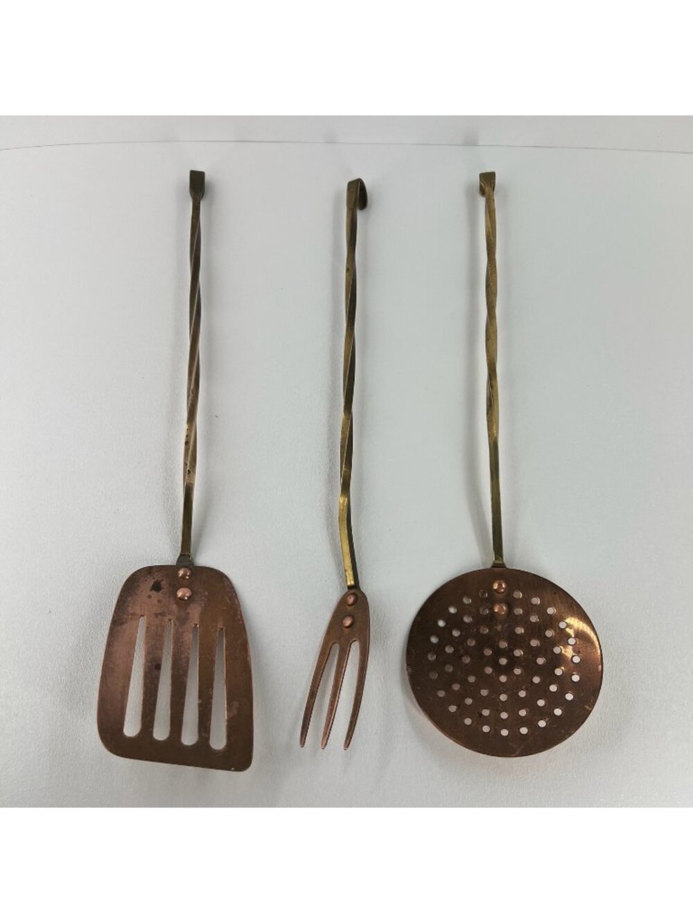 Vintage Copper Brass Kitchen Utensils Set of 3 Long Handle Spatula Fork Skimmer